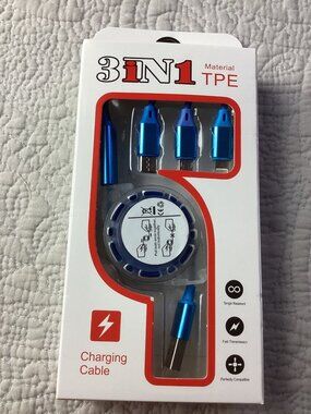 3-In-1 Retractable USB Charging Cable*Type-C Connectors TPE *Quick Sync*NIB